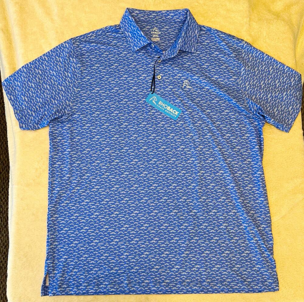 Rhoback Performance Polo Shirt Men 2XL Blue White Mustache Print Short Sleeve